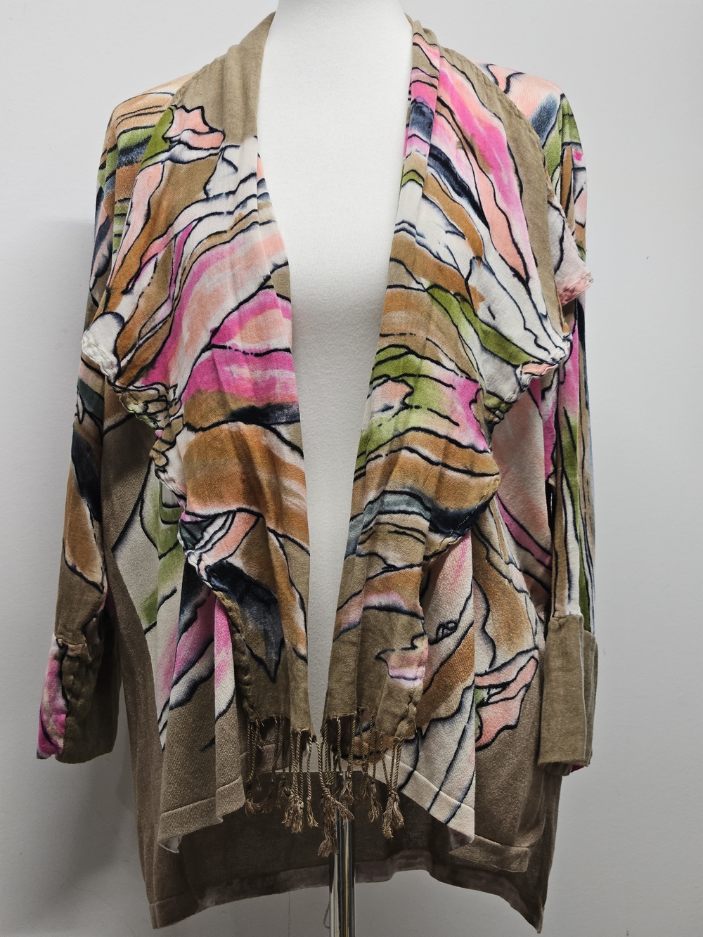 Womens Watercolor Print Open Front Cardigan Fringe Detail Size L Boho Cottage